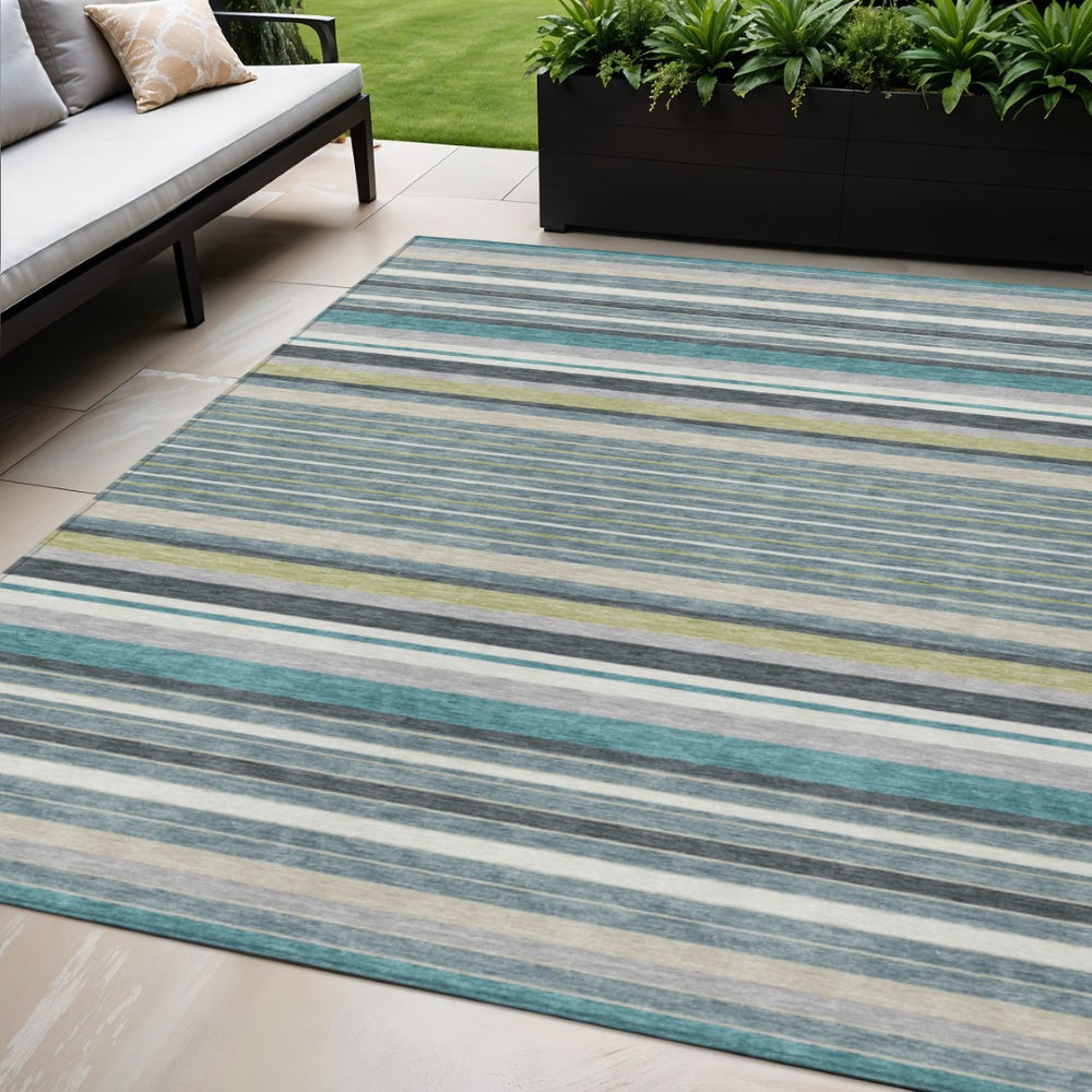 HomeRoots 5' Stylish Teal Blue, Gray & Ivory Striped Area Rug - Machine Washable for Indoor & Outdoor Use! 659695