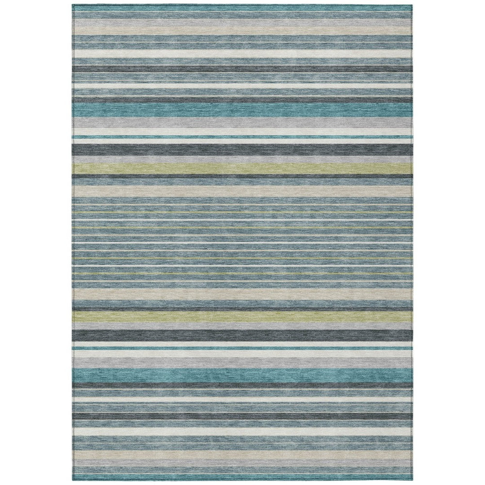 HomeRoots 5' Stylish Teal Blue, Gray & Ivory Striped Area Rug - Machine Washable for Indoor & Outdoor Use! 659695