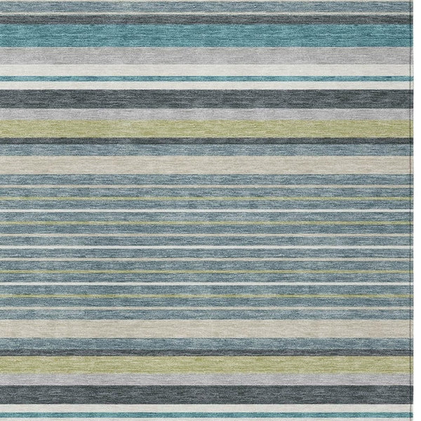 HomeRoots 5' Stylish Teal Blue, Gray & Ivory Striped Area Rug - Machine Washable for Indoor & Outdoor Use! 659695