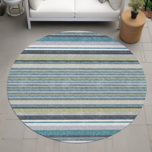HomeRoots 8' Teal Blue Gray Ivory Round Striped Rug - Stylish, Durable, Washable for Indoor & Outdoor Use! 659696