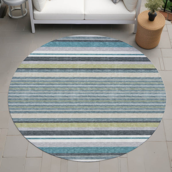 HomeRoots 8' Teal Blue Gray Ivory Round Striped Rug - Stylish, Durable, Washable for Indoor & Outdoor Use! 659696