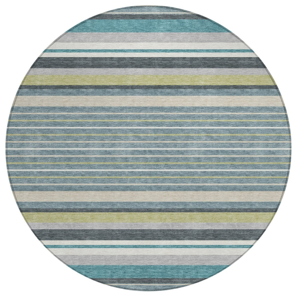 HomeRoots 8' Teal Blue Gray Ivory Round Striped Rug - Stylish, Durable, Washable for Indoor & Outdoor Use! 659696