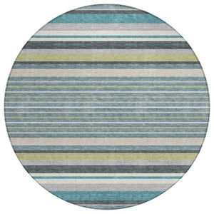 HomeRoots 8' Teal Blue Gray Ivory Round Striped Rug - Stylish, Durable, Washable for Indoor & Outdoor Use! 659696