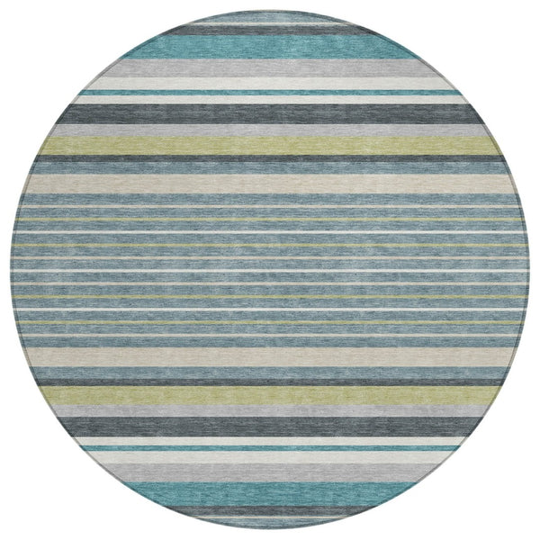 HomeRoots 8' Teal Blue Gray Ivory Round Striped Rug - Stylish, Durable, Washable for Indoor & Outdoor Use! 659696
