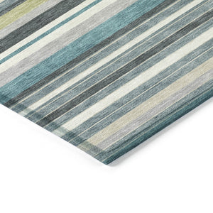 HomeRoots 8' Teal Blue Gray Ivory Round Striped Rug - Stylish, Durable, Washable for Indoor & Outdoor Use! 659696