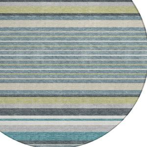 HomeRoots 8' Teal Blue Gray Ivory Round Striped Rug - Stylish, Durable, Washable for Indoor & Outdoor Use! 659696