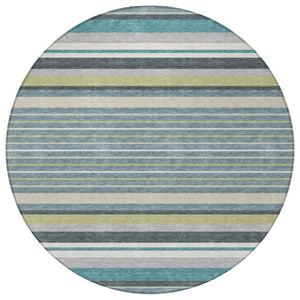 HomeRoots 8' Teal Blue Gray Ivory Round Striped Rug - Stylish, Durable, Washable for Indoor & Outdoor Use! 659696