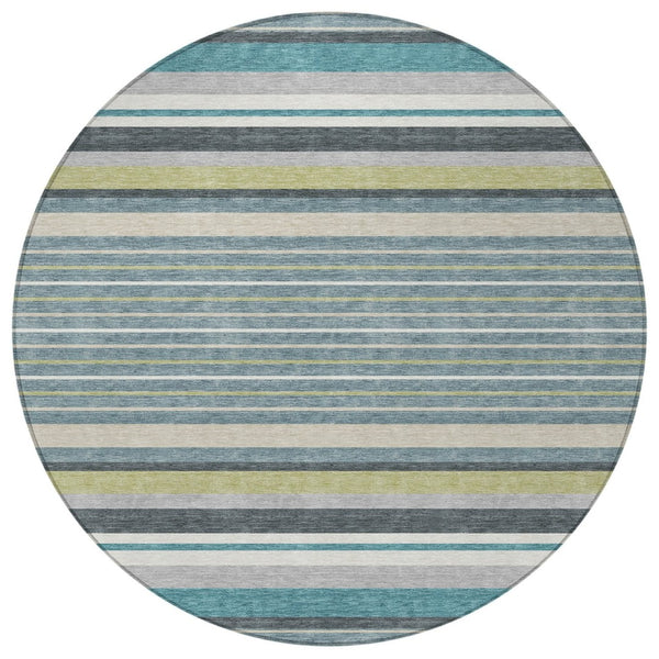HomeRoots 8' Teal Blue Gray Ivory Round Striped Rug - Stylish, Durable, Washable for Indoor & Outdoor Use! 659696