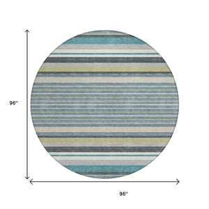 HomeRoots 8' Teal Blue Gray Ivory Round Striped Rug - Stylish, Durable, Washable for Indoor & Outdoor Use! 659696
