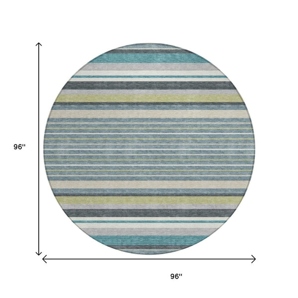 HomeRoots 8' Teal Blue Gray Ivory Round Striped Rug - Stylish, Durable, Washable for Indoor & Outdoor Use! 659696