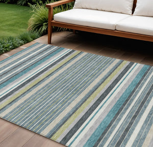 HomeRoots 8' X 10' Coastal-Inspired Teal, Blue, Gray & Ivory Striped Washable Rug for Indoor/Outdoor Use 659697