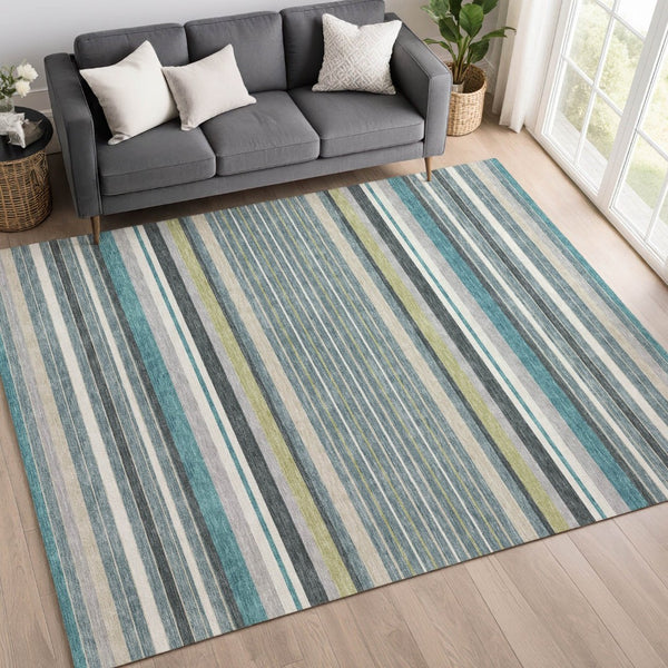 HomeRoots 8' X 10' Coastal-Inspired Teal, Blue, Gray & Ivory Striped Washable Rug for Indoor/Outdoor Use 659697