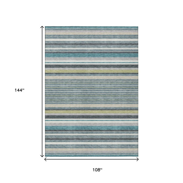 HomeRoots 9' X 12' Stylish Teal Blue Gray Ivory Striped Washable Rug – Durable, Versatile for Indoor & Outdoor Use 659698