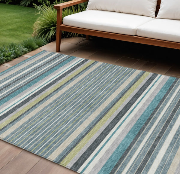 HomeRoots 9' X 12' Stylish Teal Blue Gray Ivory Striped Washable Rug – Durable, Versatile for Indoor & Outdoor Use 659698
