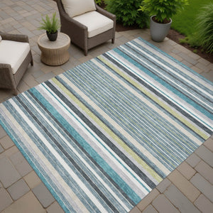 HomeRoots 9' X 12' Stylish Teal Blue Gray Ivory Striped Washable Rug – Durable, Versatile for Indoor & Outdoor Use 659698