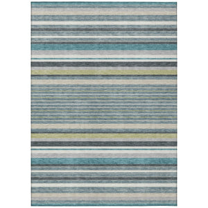 HomeRoots 9' X 12' Stylish Teal Blue Gray Ivory Striped Washable Rug – Durable, Versatile for Indoor & Outdoor Use 659698