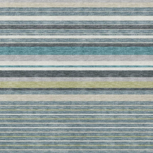 HomeRoots 9' X 12' Stylish Teal Blue Gray Ivory Striped Washable Rug – Durable, Versatile for Indoor & Outdoor Use 659698