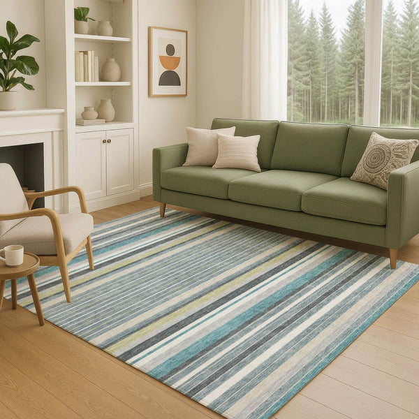 HomeRoots 10' Teal Blue, Gray & Ivory Striped Washable Indoor/Outdoor Area Rug – Durable, Stylish & Versatile! 659699