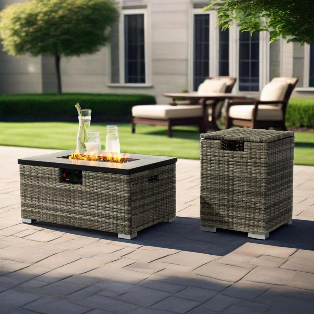 English Elm 32" Outdoor Propane Fire Pit Table with Ceramic Top, 50,000 BTU Stainless Steel Burner, Wicker Base and Tank Cover Beige W853P202196