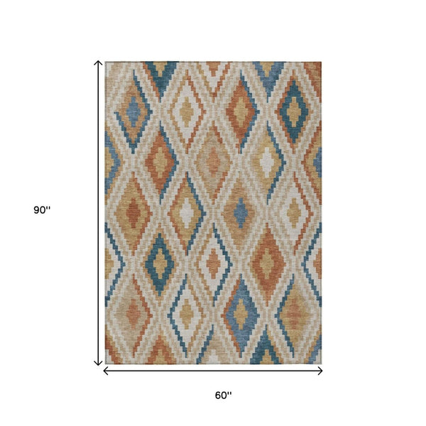 HomeRoots 5' Geometric Washable Area Rug in Beige, Blue, and Terra Cotta - Stylish Indoor/Outdoor Decor! 659701