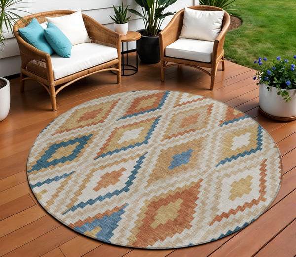 HomeRoots 8' Modern Geometric Beige, Blue & Terra Cotta Round Washable Area Rug for Indoor & Outdoor Use 659702