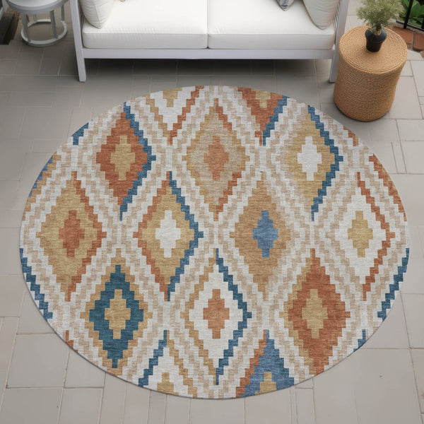 HomeRoots 8' Modern Geometric Beige, Blue & Terra Cotta Round Washable Area Rug for Indoor & Outdoor Use 659702