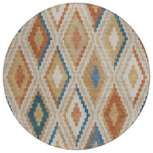 HomeRoots 8' Modern Geometric Beige, Blue & Terra Cotta Round Washable Area Rug for Indoor & Outdoor Use 659702