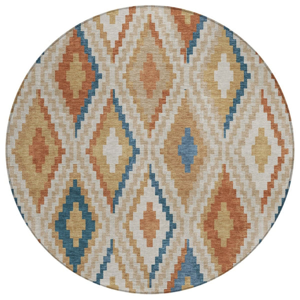 HomeRoots 8' Modern Geometric Beige, Blue & Terra Cotta Round Washable Area Rug for Indoor & Outdoor Use 659702
