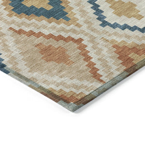 HomeRoots 8' Modern Geometric Beige, Blue & Terra Cotta Round Washable Area Rug for Indoor & Outdoor Use 659702