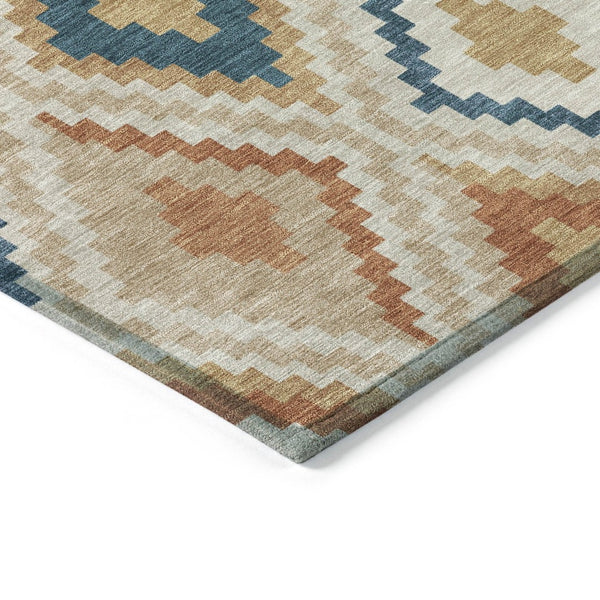 HomeRoots 8' Modern Geometric Beige, Blue & Terra Cotta Round Washable Area Rug for Indoor & Outdoor Use 659702