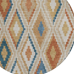 HomeRoots 8' Modern Geometric Beige, Blue & Terra Cotta Round Washable Area Rug for Indoor & Outdoor Use 659702