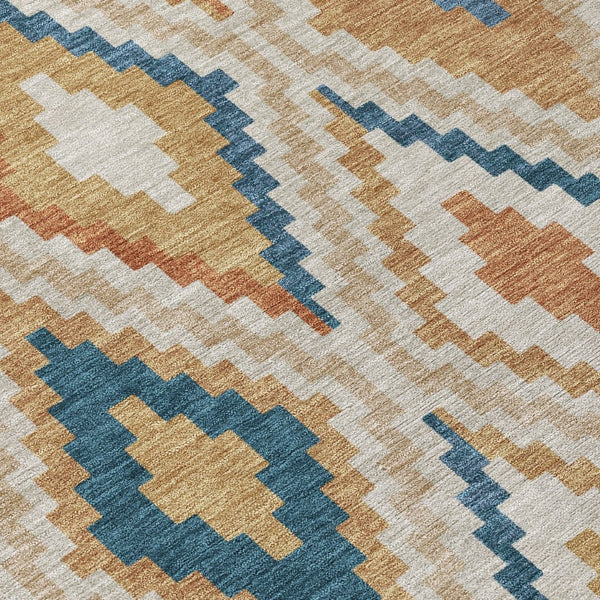 HomeRoots 8' Modern Geometric Beige, Blue & Terra Cotta Round Washable Area Rug for Indoor & Outdoor Use 659702
