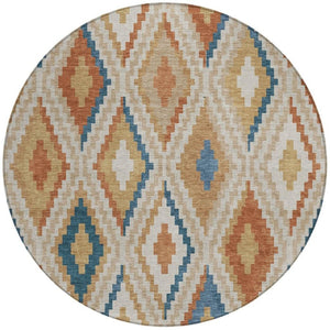 HomeRoots 8' Modern Geometric Beige, Blue & Terra Cotta Round Washable Area Rug for Indoor & Outdoor Use 659702