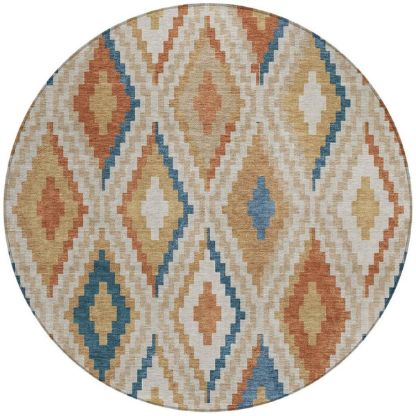 HomeRoots 8' Modern Geometric Beige, Blue & Terra Cotta Round Washable Area Rug for Indoor & Outdoor Use 659702