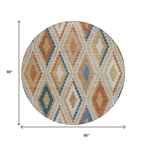 HomeRoots 8' Modern Geometric Beige, Blue & Terra Cotta Round Washable Area Rug for Indoor & Outdoor Use 659702