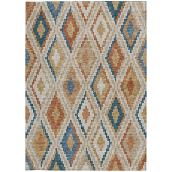 HomeRoots 8' X 10' Washable Geometric Area Rug in Beige, Blue & Terra Cotta for Indoor & Outdoor Spaces 659703