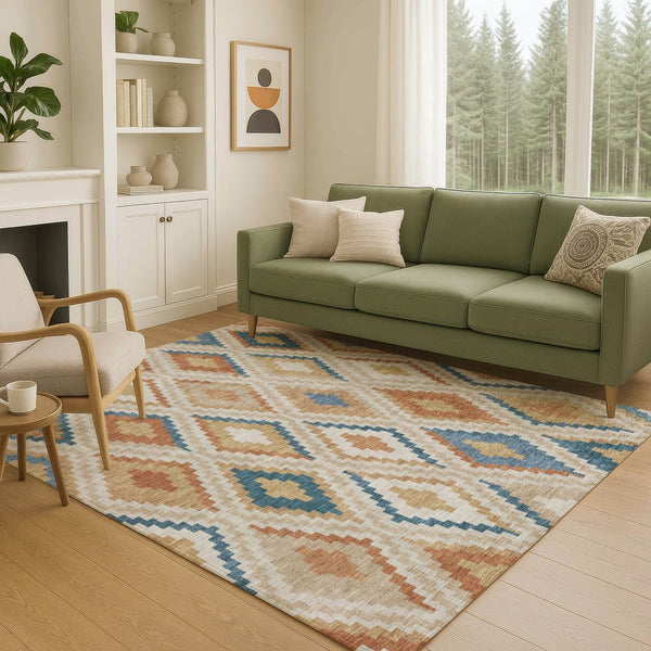 HomeRoots 8' X 10' Washable Geometric Area Rug in Beige, Blue & Terra Cotta for Indoor & Outdoor Spaces 659703