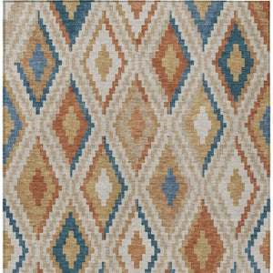 HomeRoots 9' X 12' Geometric Washable Area Rug in Beige, Blue & Terra Cotta for Indoor/Outdoor Elegance 659704