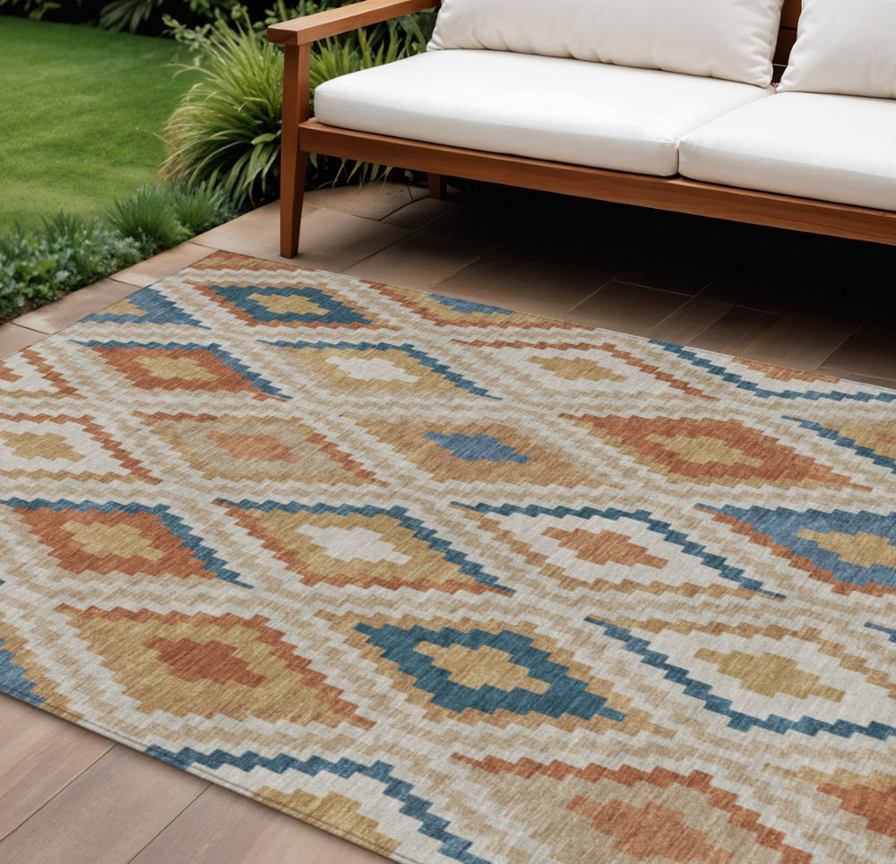 HomeRoots 10' Geometric Washable Area Rug in Beige, Blue & Terra Cotta – Perfect for Indoor & Outdoor Spaces! 659705