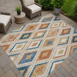 HomeRoots 10' Geometric Washable Area Rug in Beige, Blue & Terra Cotta – Perfect for Indoor & Outdoor Spaces! 659705
