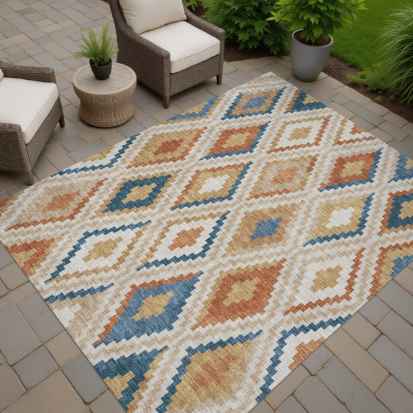 HomeRoots 10' Geometric Washable Area Rug in Beige, Blue & Terra Cotta – Perfect for Indoor & Outdoor Spaces! 659705