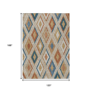 HomeRoots 10' Geometric Washable Area Rug in Beige, Blue & Terra Cotta – Perfect for Indoor & Outdoor Spaces! 659705