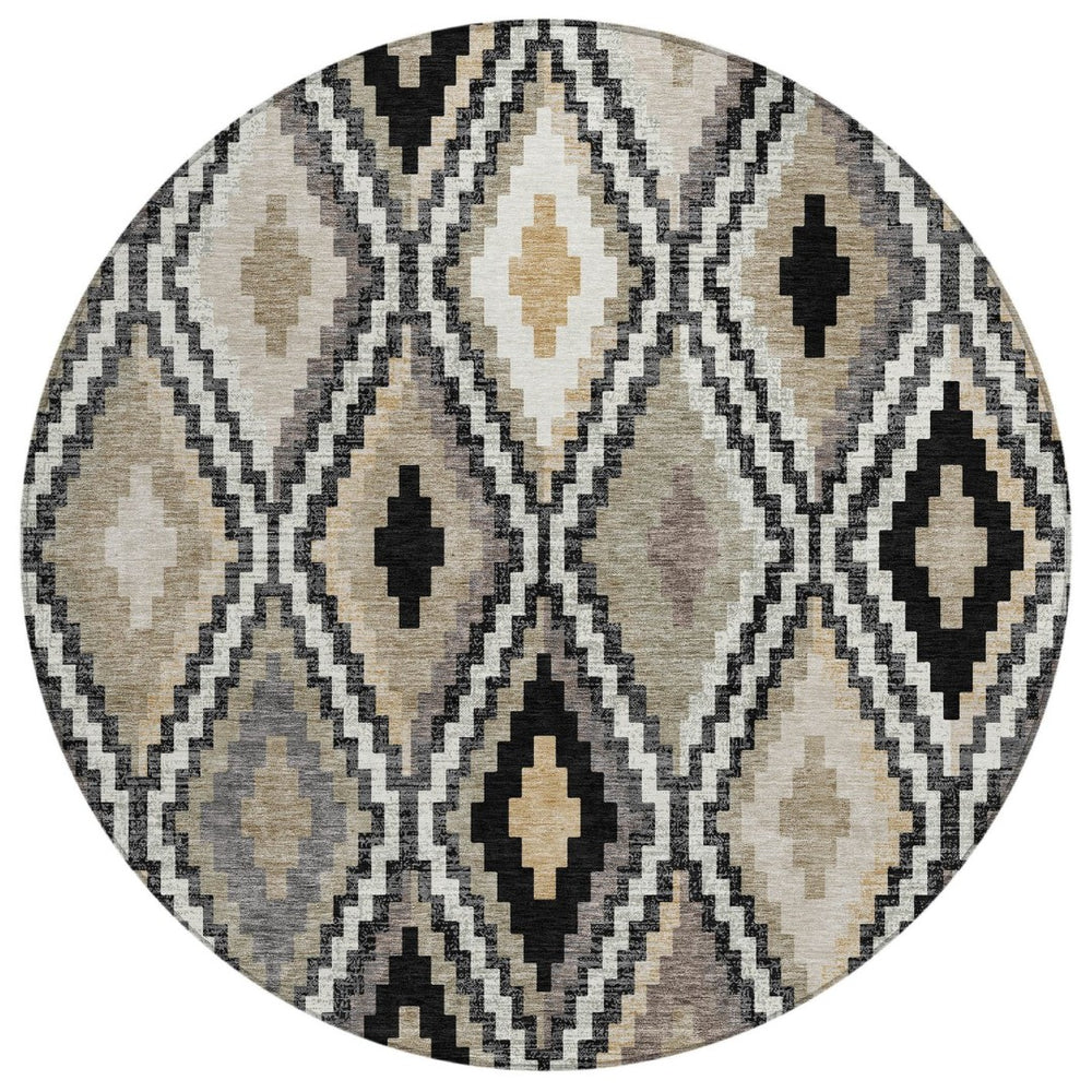 HomeRoots 8' Modern Geometric Round Rug in Black, Ivory & Beige - Durable, Washable, Indoor/Outdoor Use! 659708