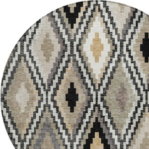 HomeRoots 8' Modern Geometric Round Rug in Black, Ivory & Beige - Durable, Washable, Indoor/Outdoor Use! 659708