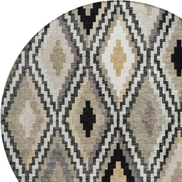 HomeRoots 8' Modern Geometric Round Rug in Black, Ivory & Beige - Durable, Washable, Indoor/Outdoor Use! 659708