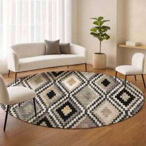 HomeRoots 8' Modern Geometric Round Rug in Black, Ivory & Beige - Durable, Washable, Indoor/Outdoor Use! 659708