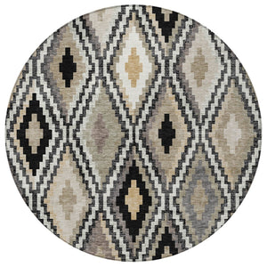 HomeRoots 8' Modern Geometric Round Rug in Black, Ivory & Beige - Durable, Washable, Indoor/Outdoor Use! 659708