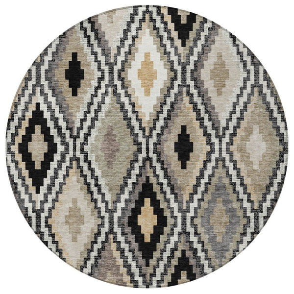 HomeRoots 8' Modern Geometric Round Rug in Black, Ivory & Beige - Durable, Washable, Indoor/Outdoor Use! 659708