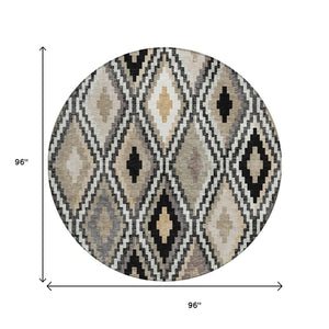 HomeRoots 8' Modern Geometric Round Rug in Black, Ivory & Beige - Durable, Washable, Indoor/Outdoor Use! 659708