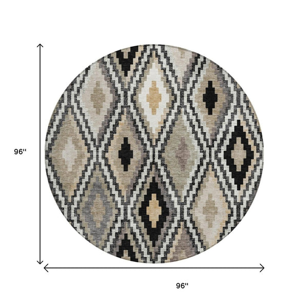 HomeRoots 8' Modern Geometric Round Rug in Black, Ivory & Beige - Durable, Washable, Indoor/Outdoor Use! 659708